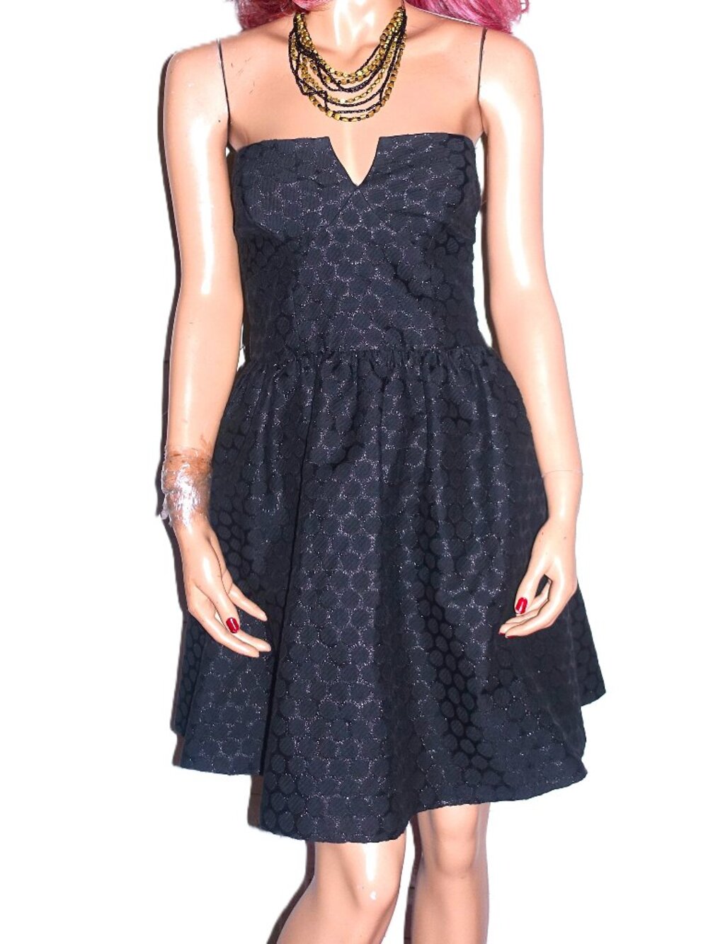 Wendy Katlen Black Metallic Polka Dot Strapless Dress 4